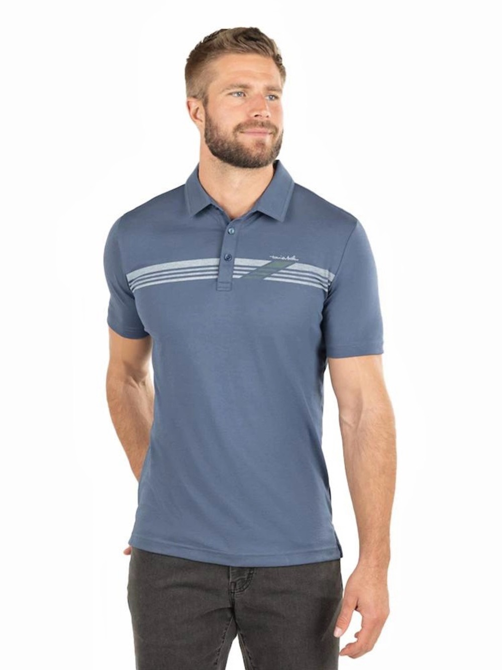 TravisMathew Three Hills Golf Polo Men’s S Insignia Blue Striped